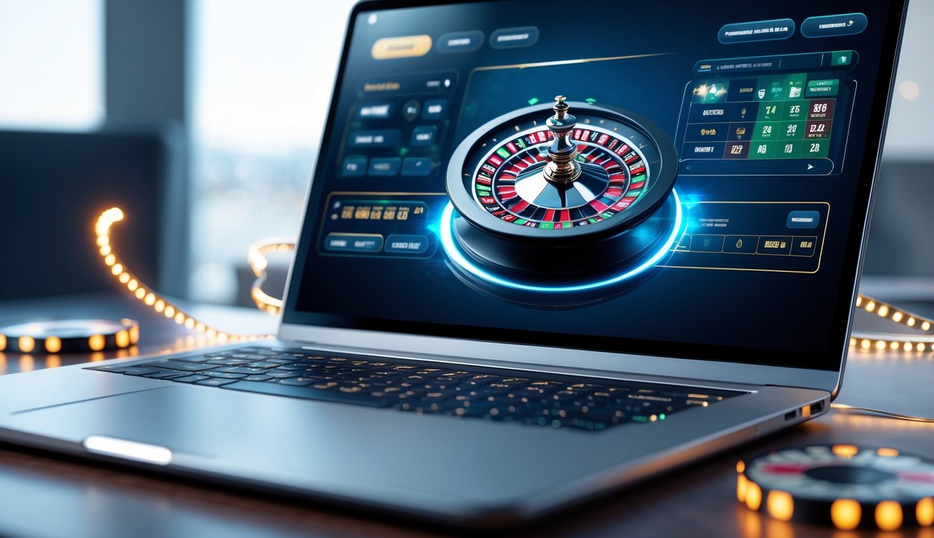 Sebuah layar komputer menampilkan permainan roulette online dengan roda roulette yang berputar dan elemen taruhan yang menarik.