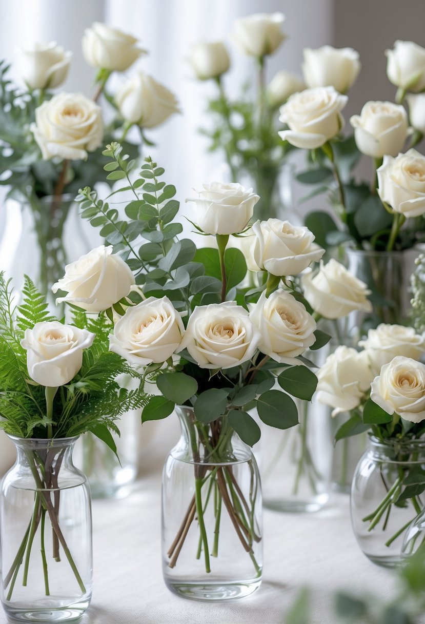 Fifteen glass vases filled with white roses and green leaves arranged as baby shower centerpieces on a table.
