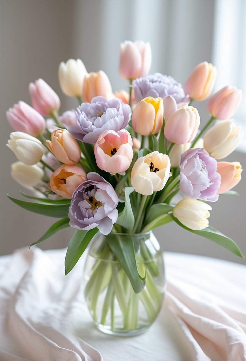 A pastel tulip and peony flower centerpiece arranged in a glass vase on a table.