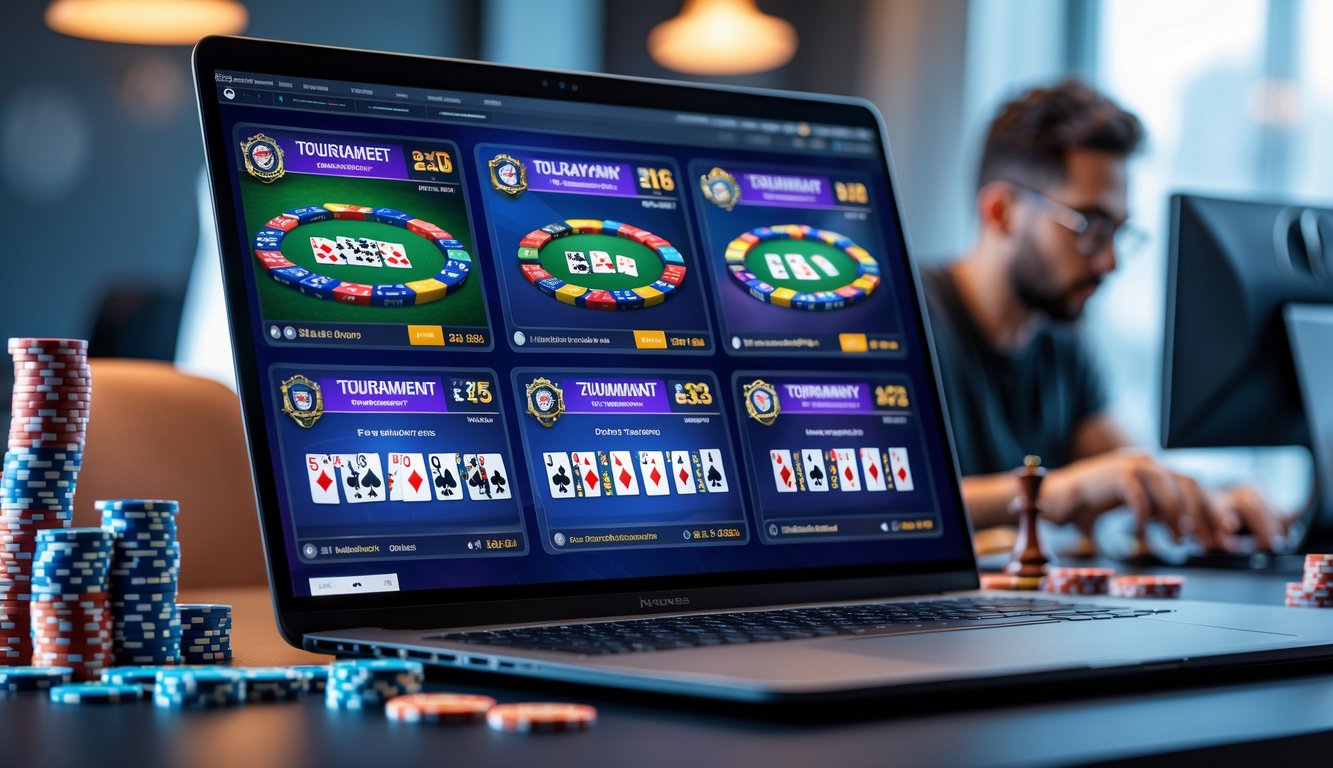 Seorang pemain poker online sedang bermain di depan komputer dengan berbagai turnamen besar yang ditampilkan di layar.