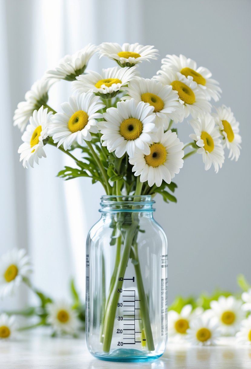 A clear baby bottle filled with fresh white daisies on a smooth surface.