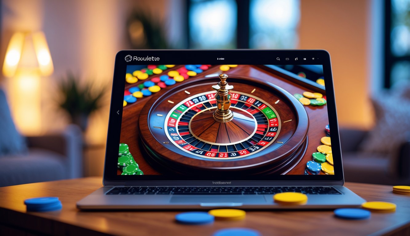 Seseorang menggunakan laptop atau ponsel untuk bermain roulette online di rumah dengan tampilan roda roulette yang berputar dan chip taruhan.