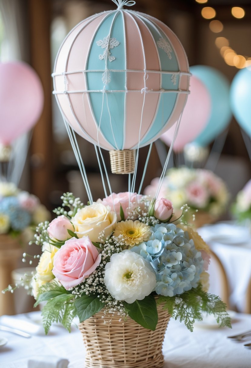 A baby shower table centerpiece featuring a small hot air balloon basket filled with pastel-colored flowers and greenery.