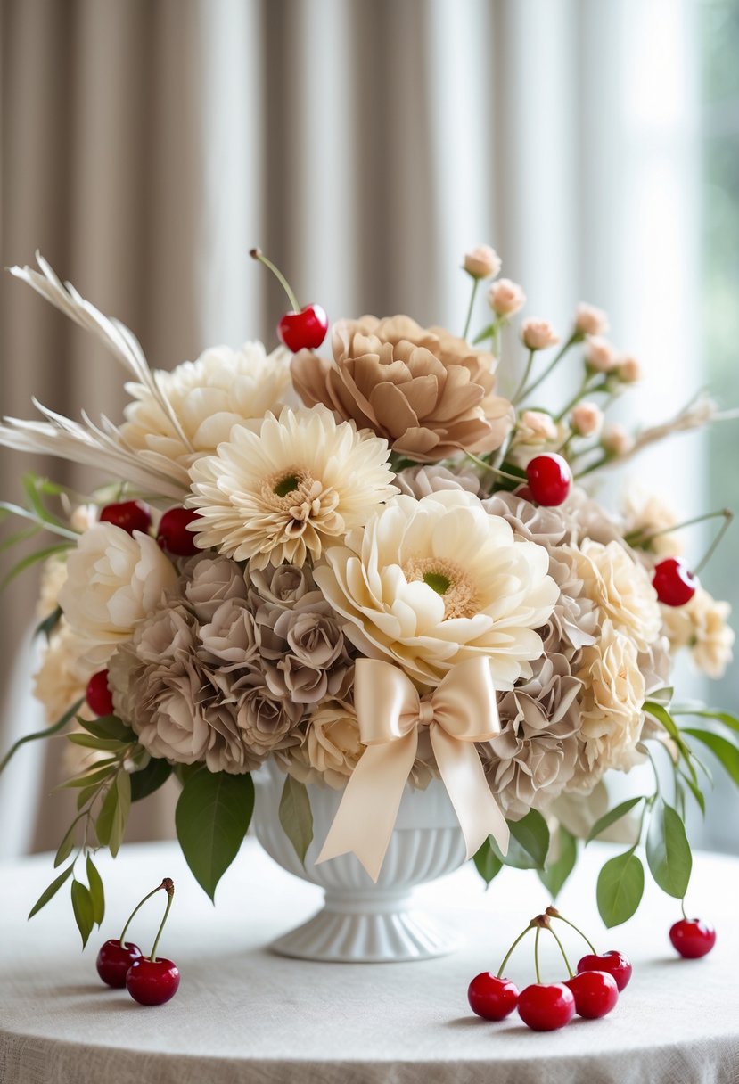 A baby shower flower centerpiece with neutral-toned flowers, bows, and cherries on a light table.
