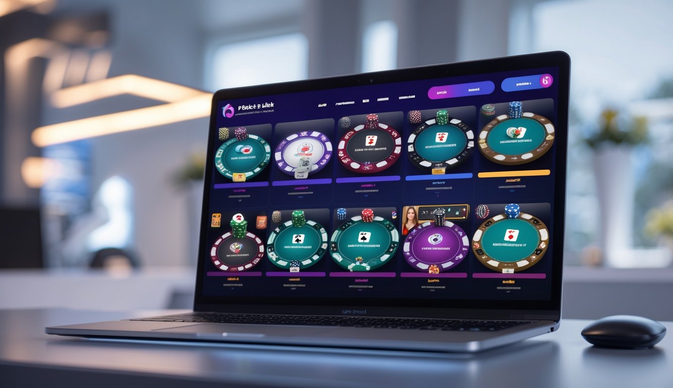 Tampilan layar komputer yang menampilkan berbagai meja permainan poker online dengan kartu dan chip.