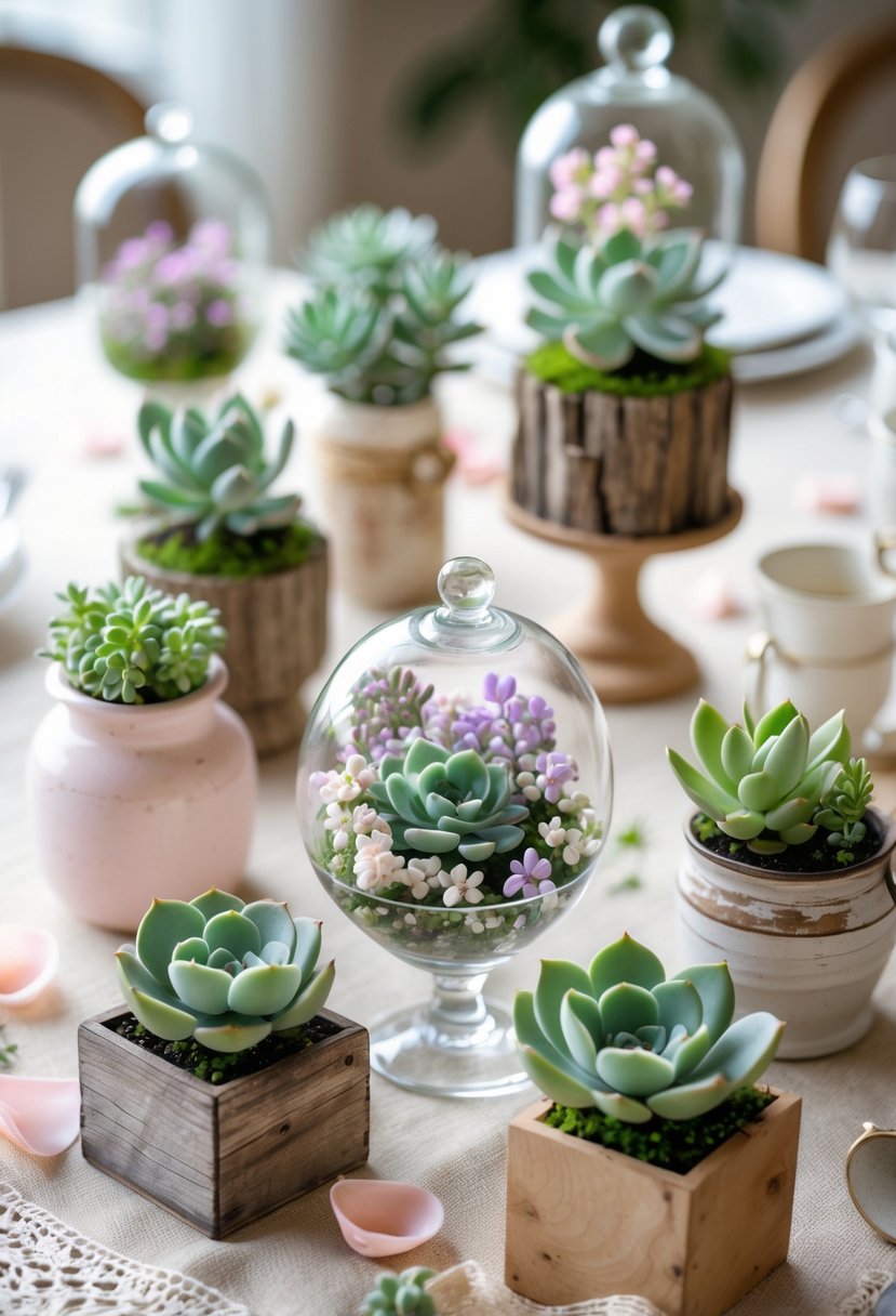 Table with several small succulent centerpieces featuring tiny pastel-colored blooms arranged for a baby shower.