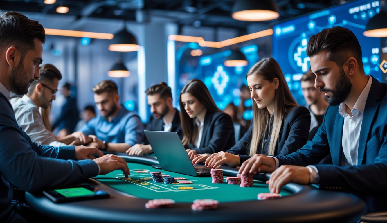 Beberapa orang sedang bermain poker secara online menggunakan laptop dan tablet di sebuah ruangan modern.