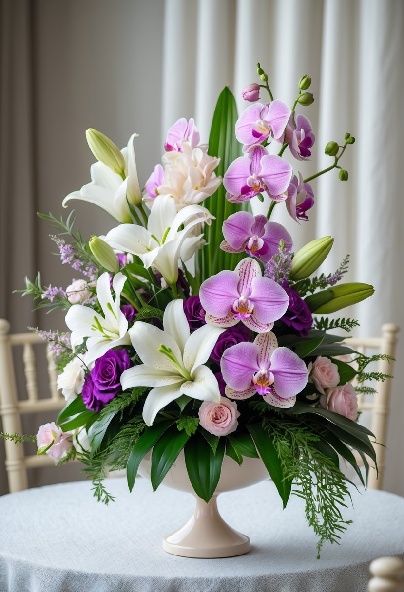 A flower centerpiece with white lilies and pink and purple orchids arranged in a vase on a table.