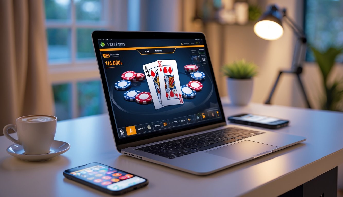 Seorang pengguna bermain poker online di laptop dengan suasana ruang kerja yang nyaman dan pencahayaan hangat.