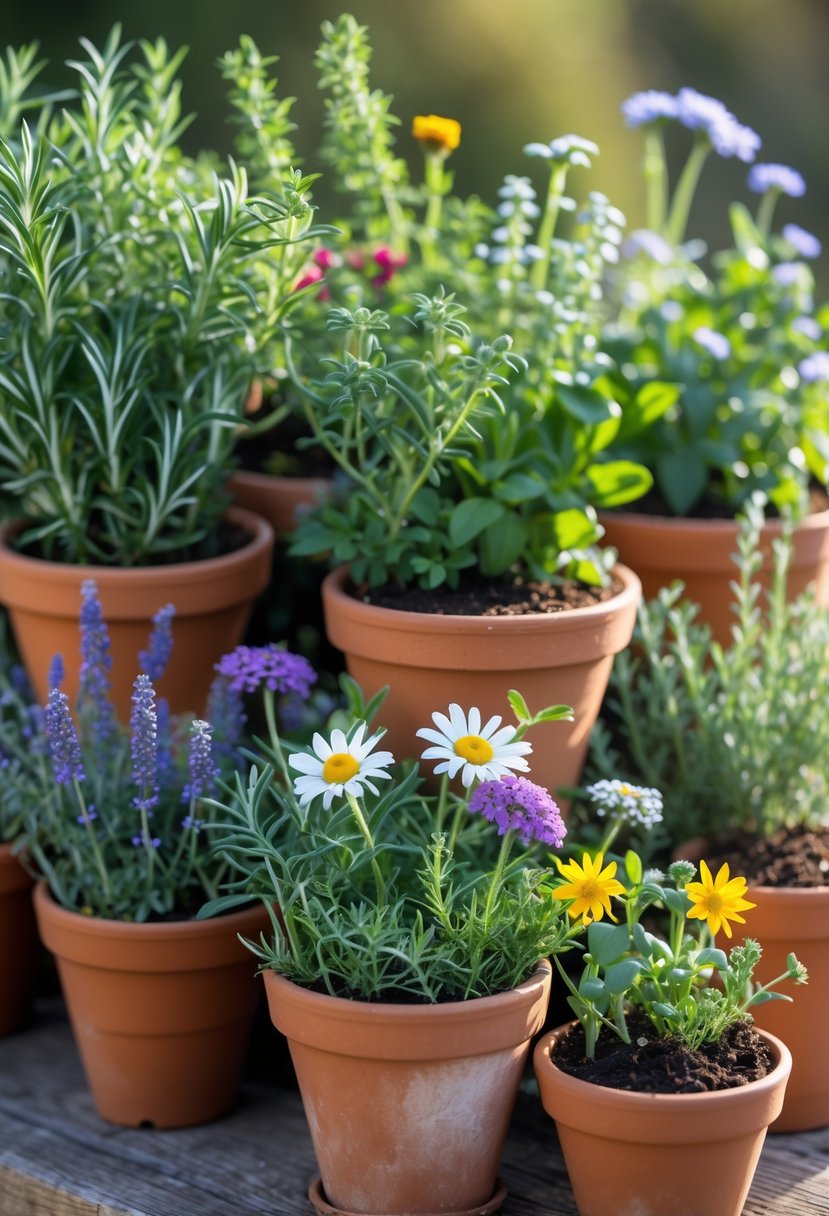 A collection of terracotta pots filled with herbs and colorful flowers arranged together on a wooden surface.