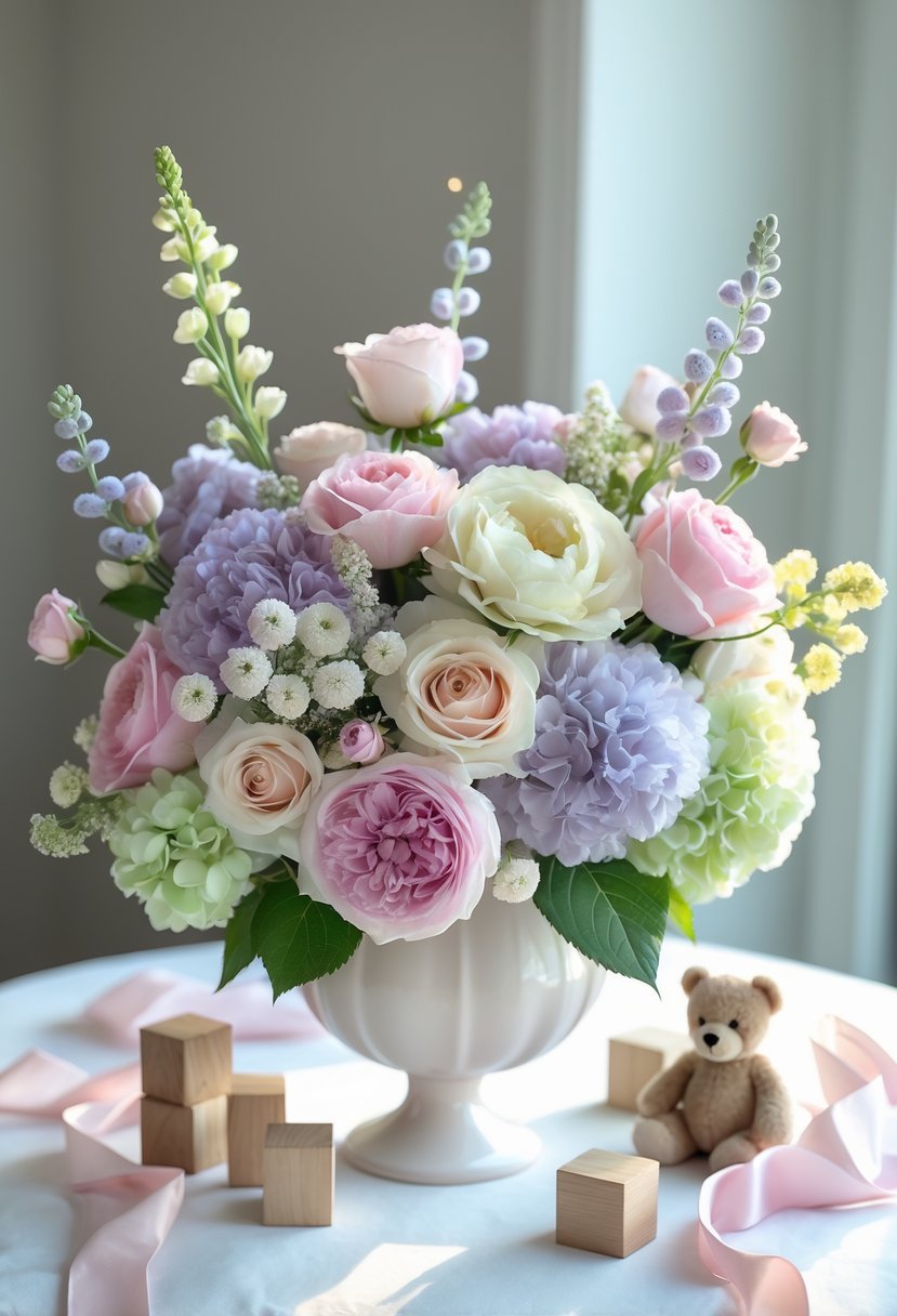 A pastel floral baby shower centerpiece with pink, lavender, cream, and green flowers arranged on a white table surrounded by baby-themed decorations.