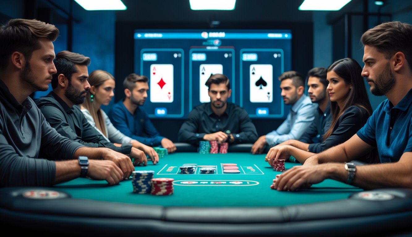 Sekelompok pemain poker fokus bermain di meja poker modern dengan kartu digital di layar besar di latar belakang.