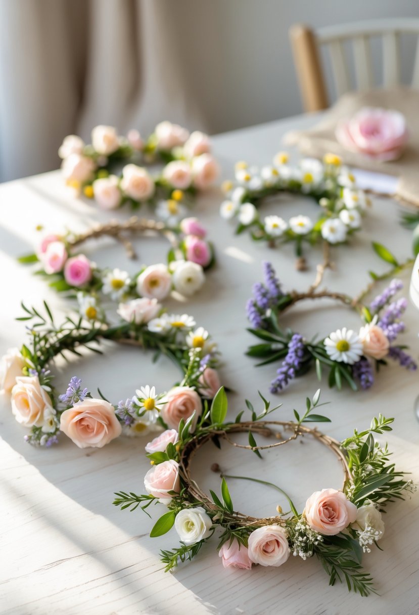 A table displaying several small flower crowns made of pastel flowers and greenery arranged as baby shower centerpieces.