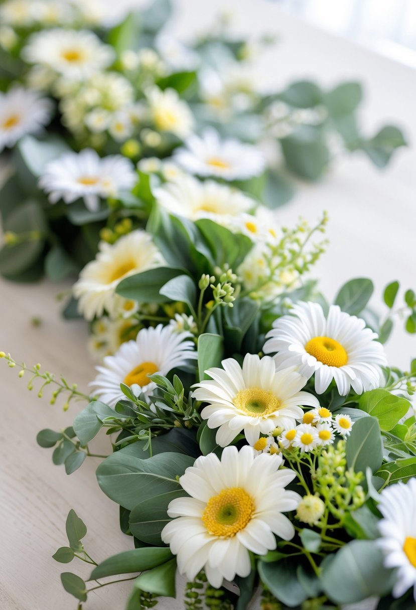 A baby shower flower centerpiece with intertwined daisy chains and soft green leaves on a wooden table.