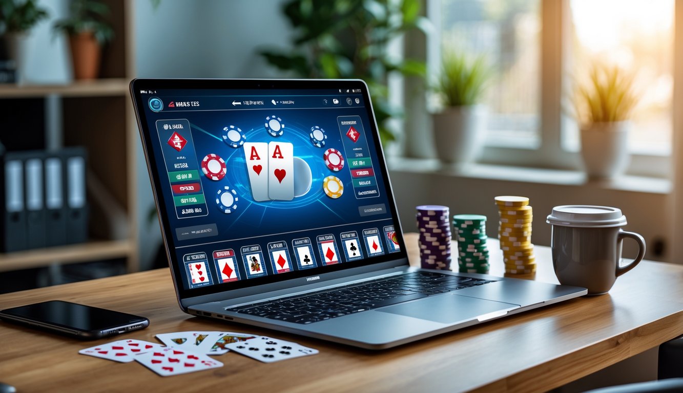 Sebuah meja kerja dengan laptop yang menampilkan permainan poker online, dikelilingi chip poker dan kartu remi, dengan secangkir kopi dan ponsel di atas meja.