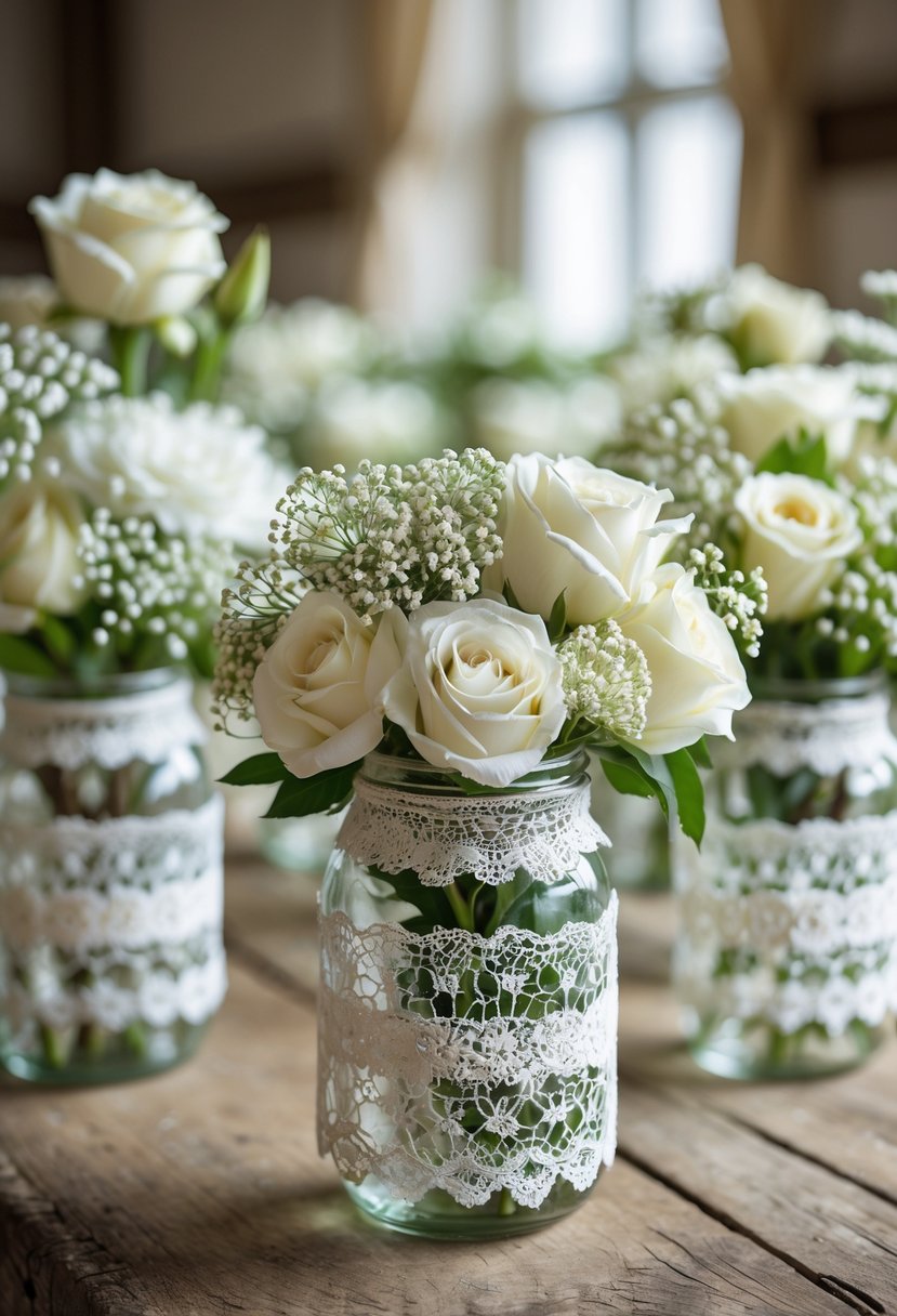 Several mason jars wrapped in white lace filled with white flowers and greenery arranged on a wooden table.