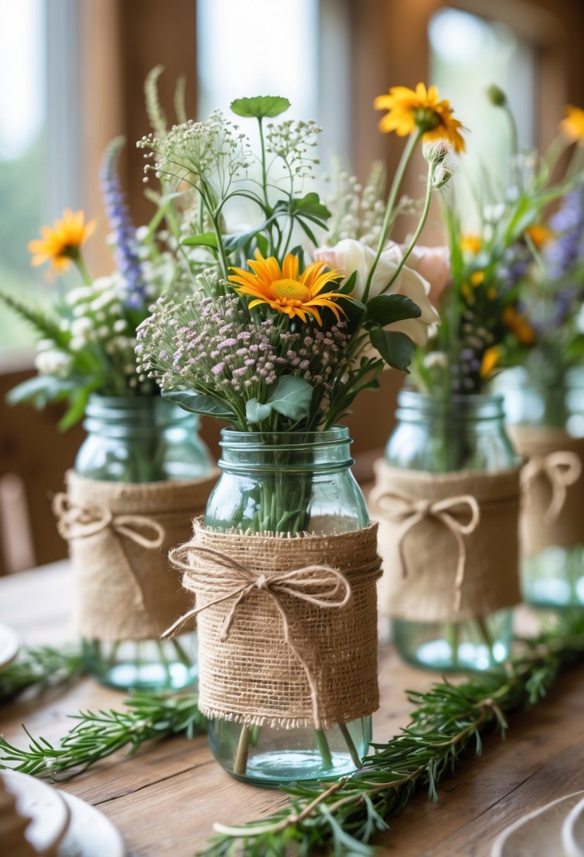A wooden table with mason jars wrapped in burlap and twine, filled with wildflowers and greenery.