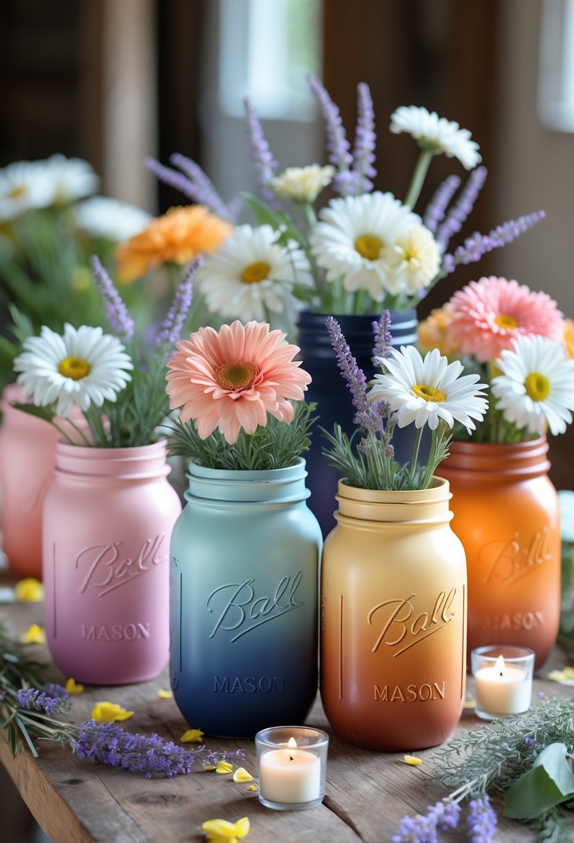 A wooden table with several painted ombre mason jars filled with flowers arranged as centerpieces.