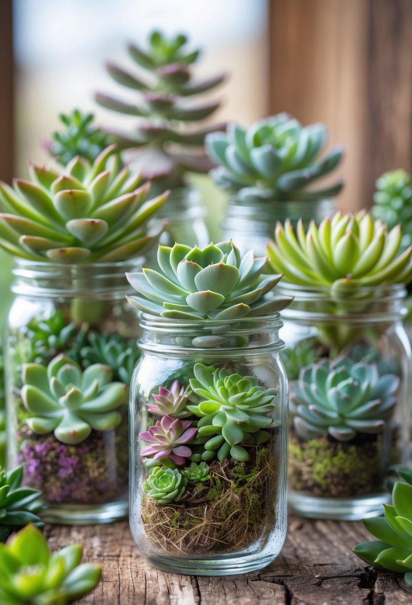 A group of mason jars filled with different types of succulents arranged on a wooden table.