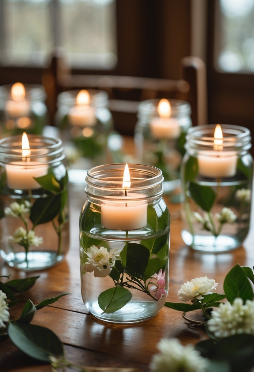 Several mason jars filled with water and floating candles, decorated with green leaves and white flowers, arranged on a wooden table.