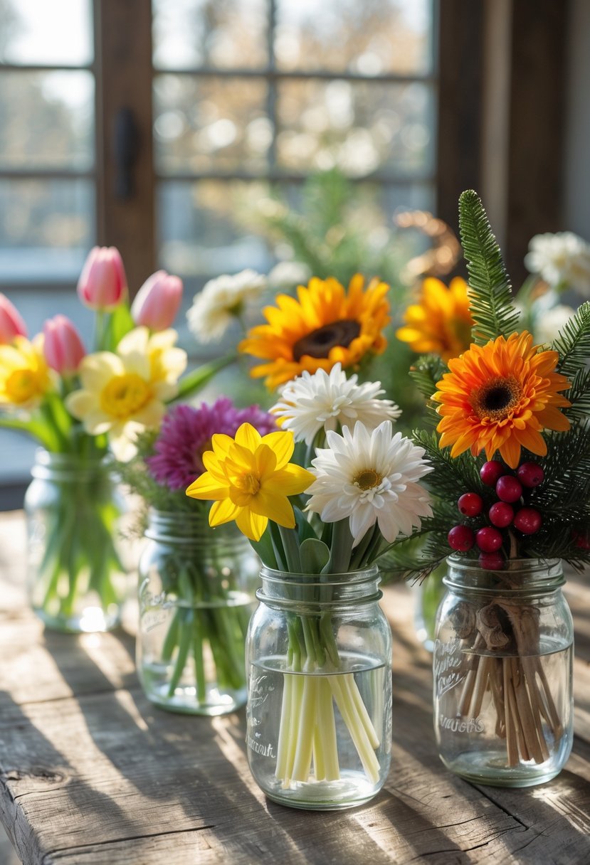 A variety of seasonal flower arrangements in clear mason jars displayed on a wooden table with soft natural light.