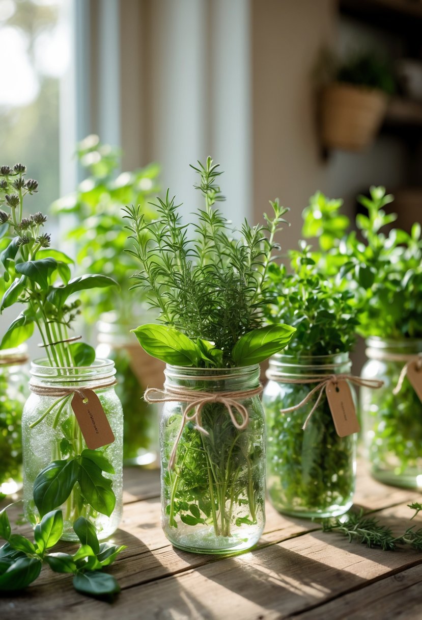 A collection of clear mason jars filled with fresh green herbs arranged on a wooden table in a bright indoor setting.