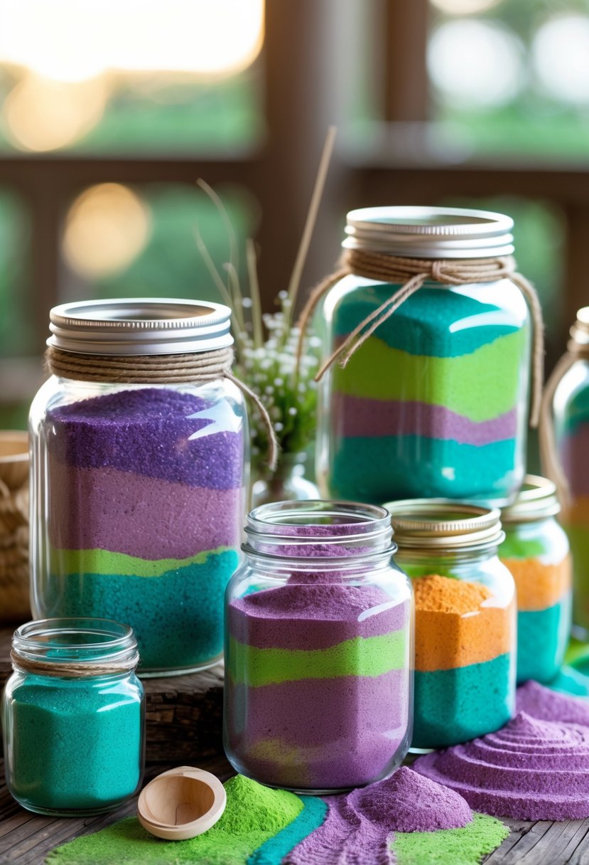 Several mason jars filled with layered colored sand arranged on a wooden table as decorative centerpieces.