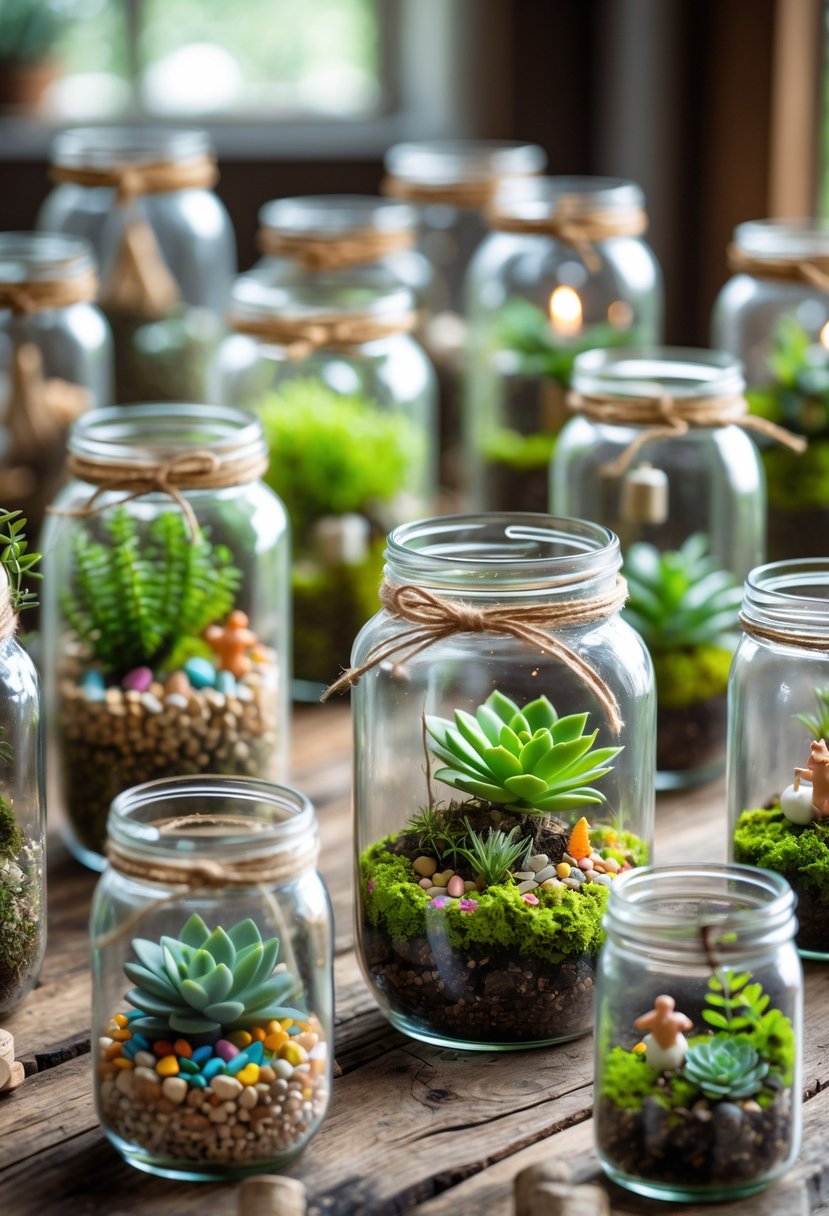 A collection of mason jars filled with small plants and decorative elements arranged on a wooden table.