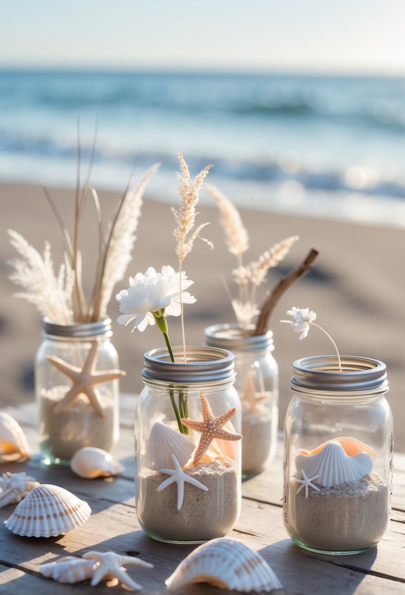 Several mason jars decorated with seashells and beach elements arranged on a wooden table with a beach and ocean in the background.