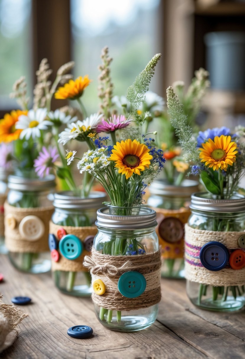 A collection of mason jars wrapped with colorful vintage buttons and filled with fresh flowers arranged on a wooden table.