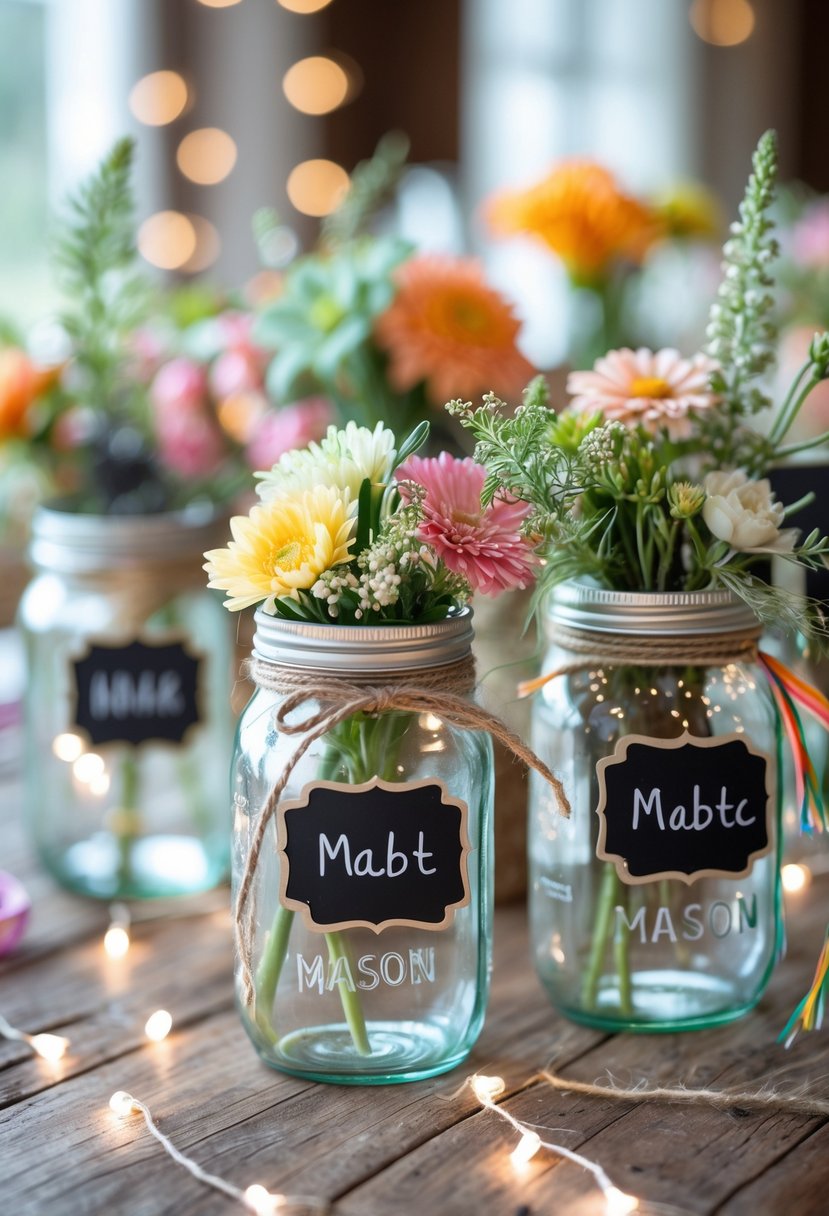 A group of mason jars with chalkboard labels filled with flowers and decorative items arranged on a wooden table.