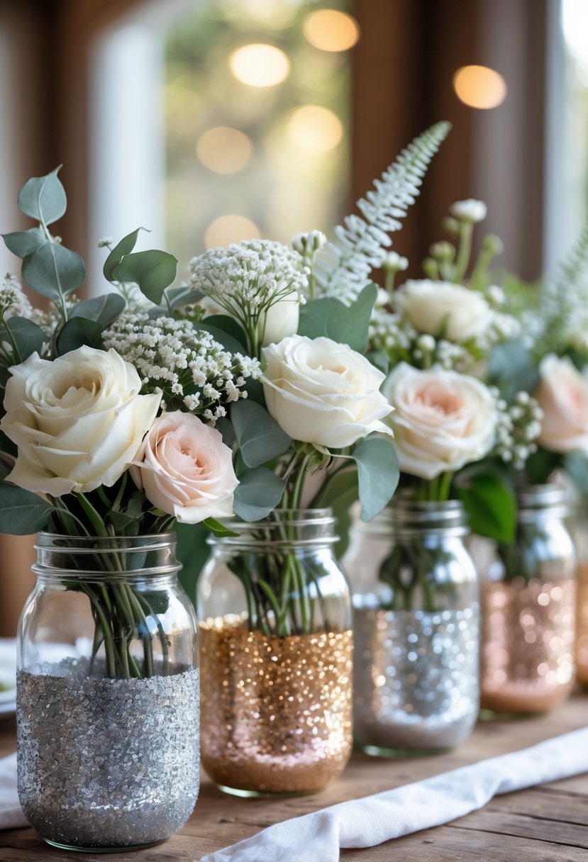 A group of mason jars dipped in glitter and filled with fresh flowers arranged on a wooden table.