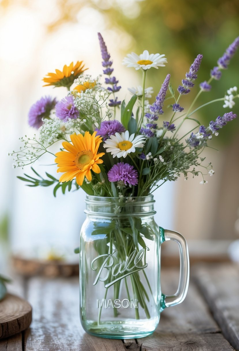A clear mason jar filled with a colorful bouquet of wildflowers sitting on a wooden table.