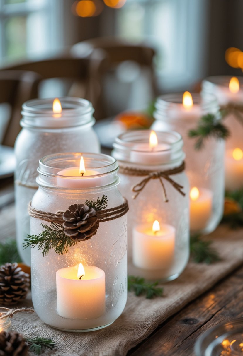 Several frosted mason jars filled with lit candles arranged on a wooden table with natural decorations.