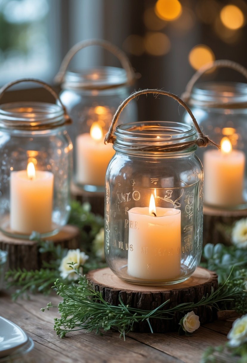 A rustic wooden table displaying multiple mason jar lanterns with wire handles, each containing a glowing candle, surrounded by greenery and flowers.