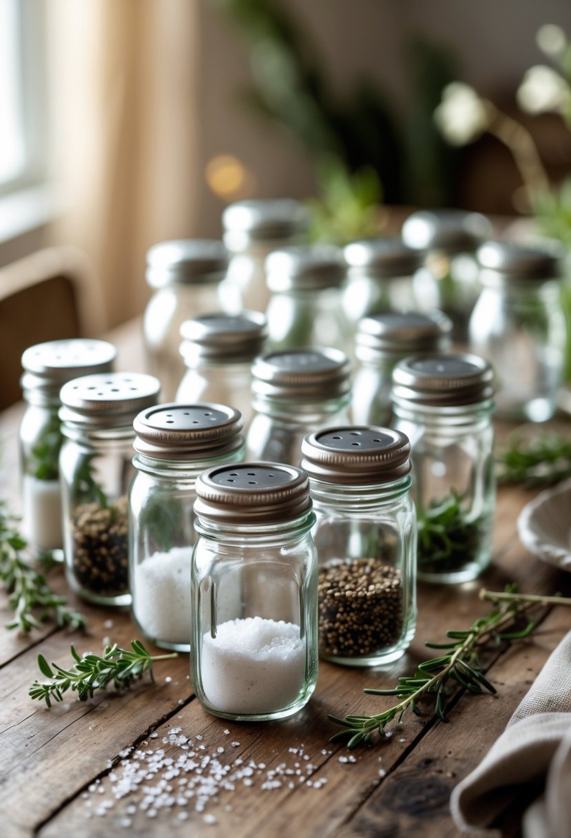 A rustic wooden table with several mini mason jars used as salt and pepper shakers arranged as centerpieces, surrounded by small herbs and flowers.