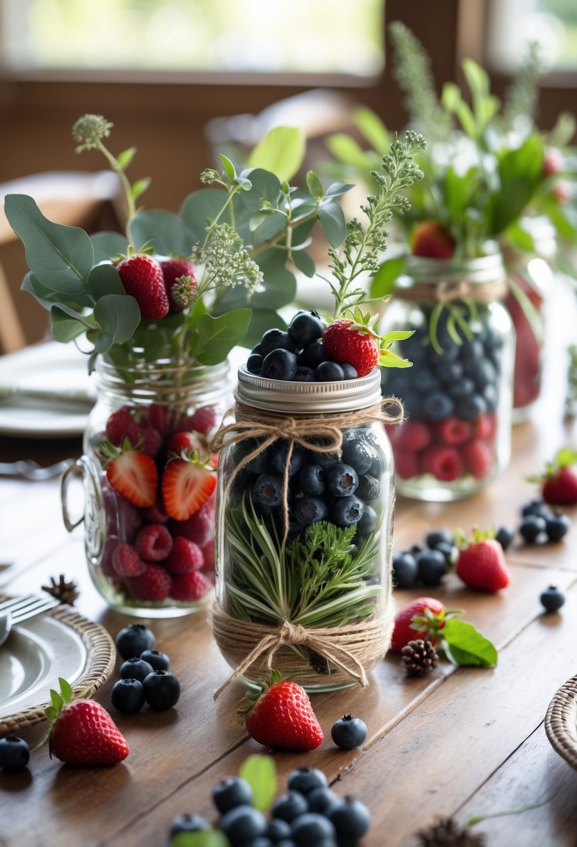 A group of mason jars filled with fresh berries and green leaves arranged on a wooden table.
