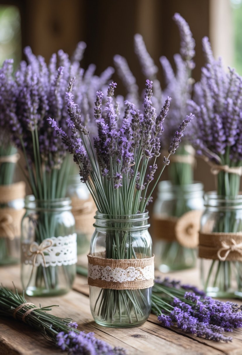 Mason jars filled with dried lavender arranged as centerpieces on a wooden table.