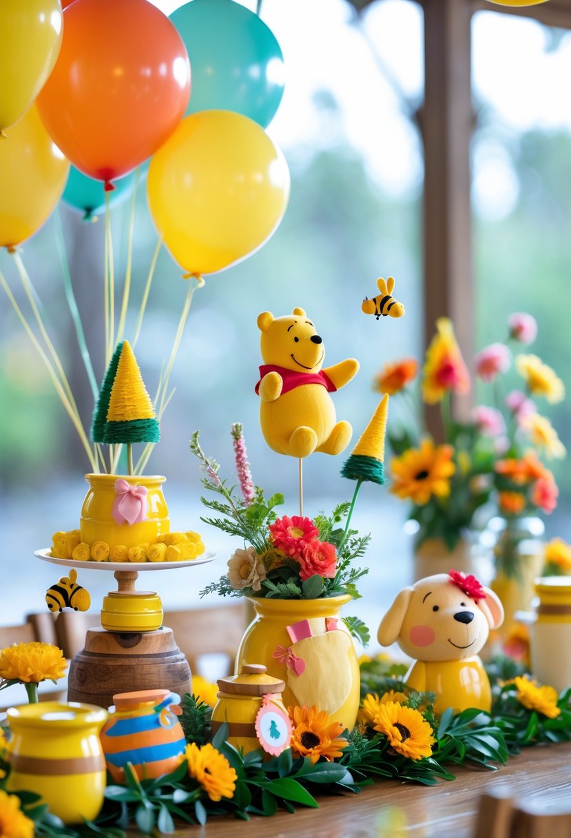 A table displaying 15 Winnie the Pooh-themed centerpieces featuring plush bears, honey pots, balloons, and flowers arranged for a celebration.