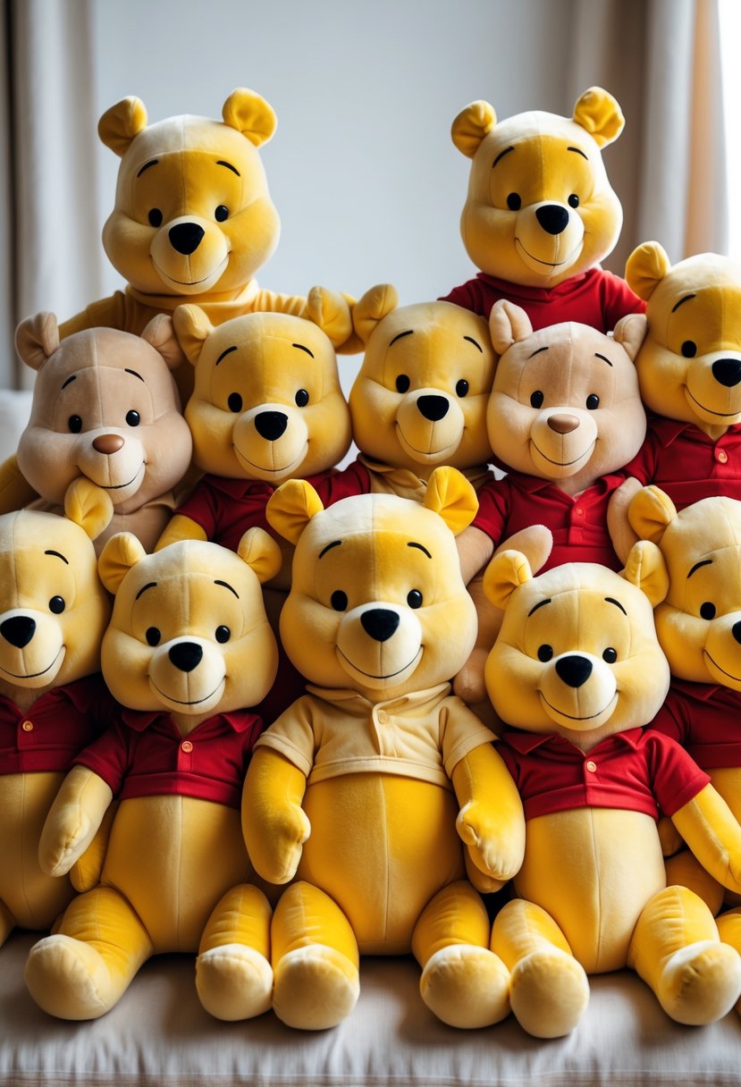 A cluster of 15 Winnie the Pooh plush toys arranged together on a neutral surface.