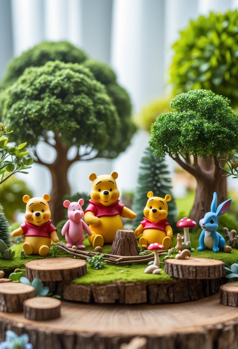 Miniature scene with small Winnie the Pooh characters and woodland decorations arranged on a table.