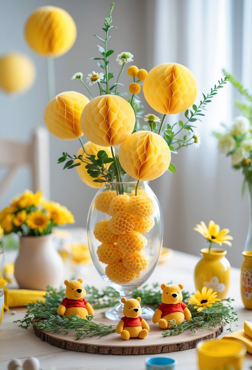 A glass vase filled with yellow honeycomb ball fillers surrounded by small Winnie the Pooh decorations and flowers on a wooden table.
