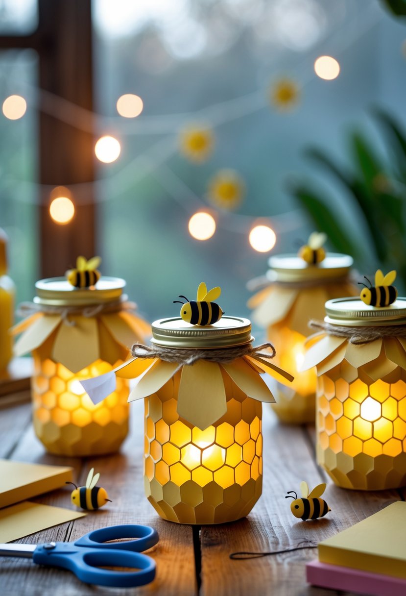 A collection of paper honey jars with glowing LED tea lights arranged on a wooden table, decorated with Winnie the Pooh-themed designs and small paper bees.