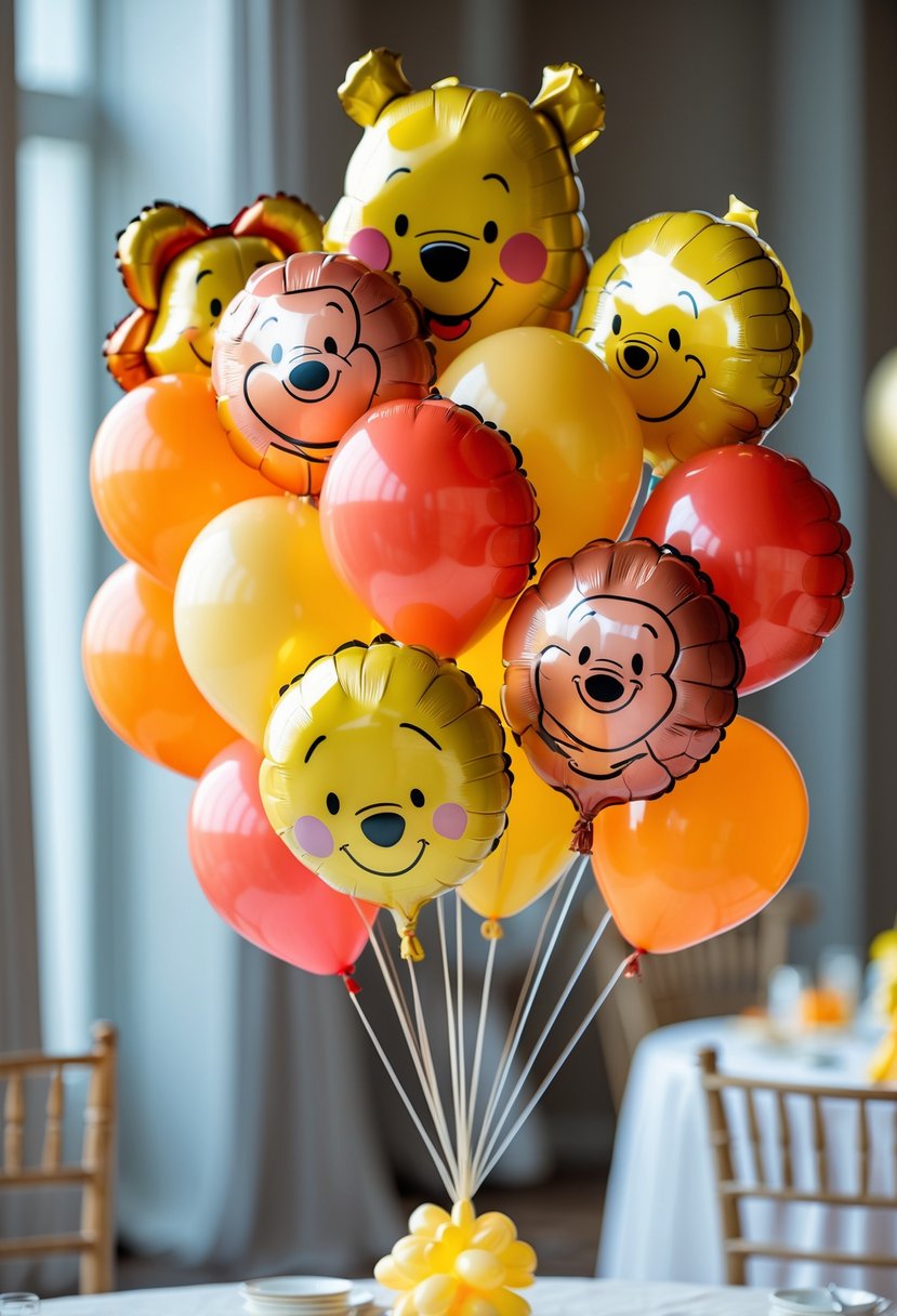 A colorful balloon bouquet featuring Winnie the Pooh-themed balloons arranged as a centerpiece on a table.