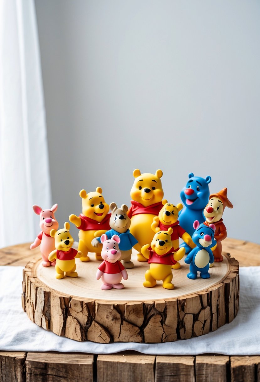 A wooden log slice base displaying 15 small Winnie the Pooh figurines arranged as a centerpiece.