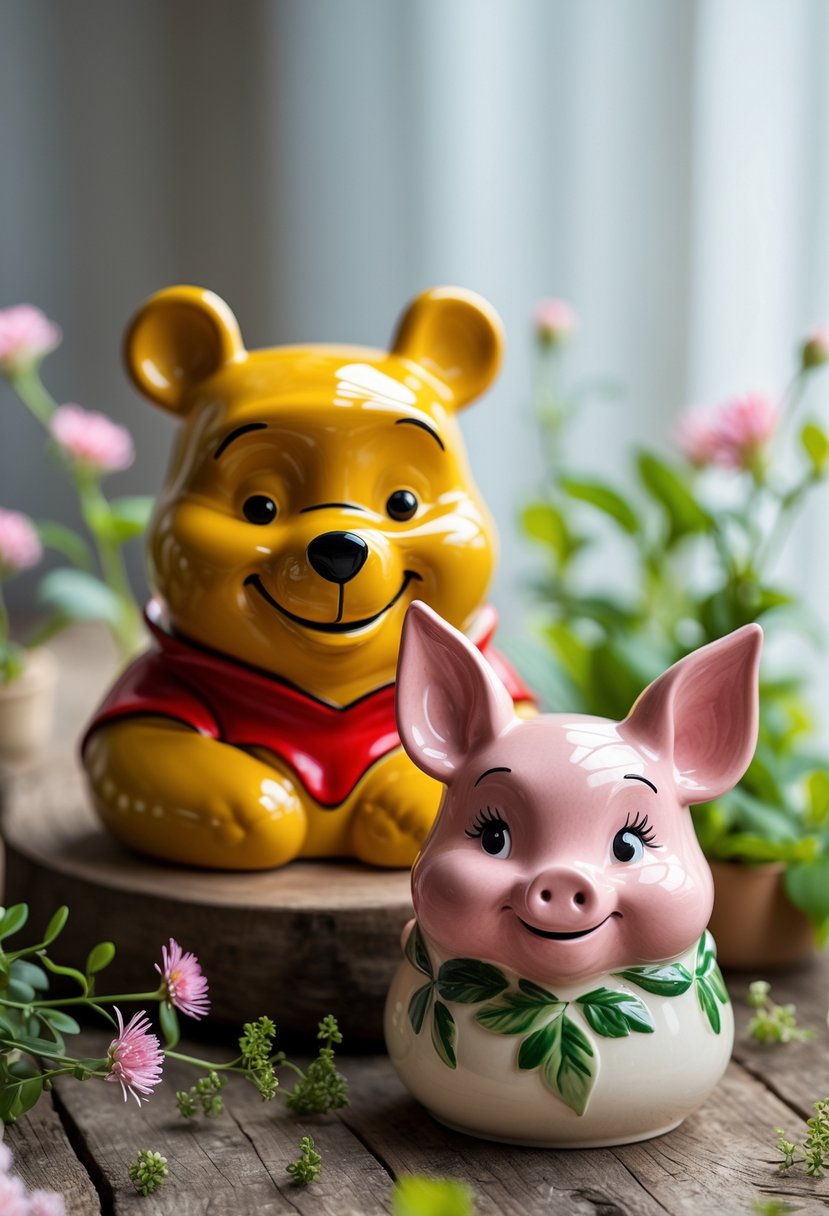 Two hand-painted ceramic pots shaped like Winnie the Pooh and Piglet placed together on a wooden table with small plants and flowers around them.