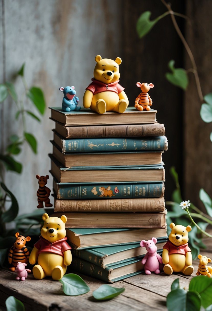 A stack of vintage Winnie the Pooh storybooks with small figurines of Pooh and friends arranged on a wooden table.