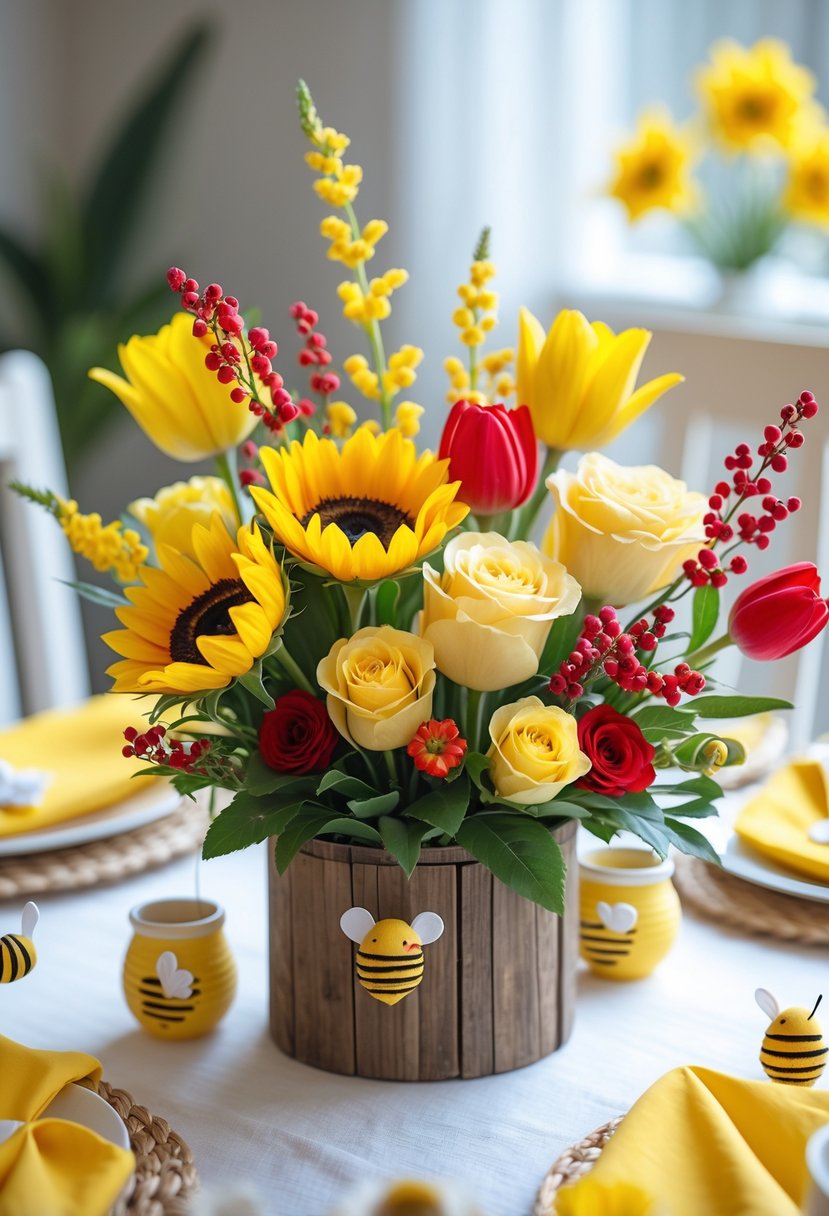 A bright yellow and red flower arrangement centerpiece with sunflowers, roses, tulips, and small decorative honey pots on a white table.