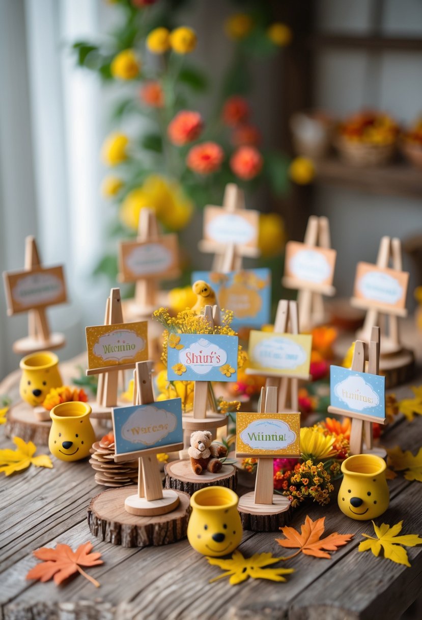 A table with 15 small wooden easels holding decorative Pooh-themed signs surrounded by honey pots, plush toys, autumn leaves, and flowers.