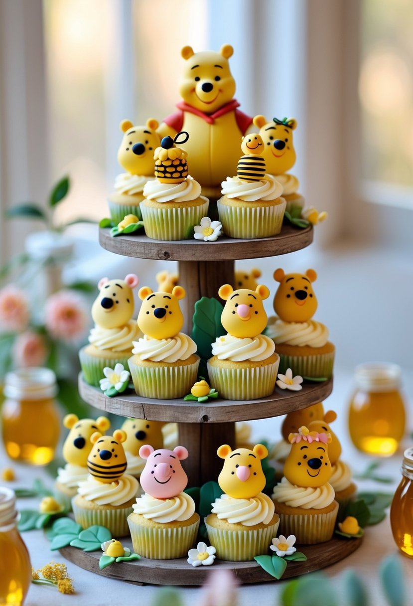 A multi-tiered cupcake stand decorated with Winnie the Pooh themed cupcakes and small honey pot decorations on a wooden table with soft pastel accents.